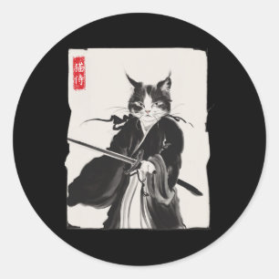 Samurai Cat Warrior Ink Art Funny Japanese Style Classic Round Sticker