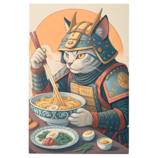Samurai Cat: Whimsical Warrior Eating Ramen Metal Print