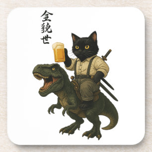 Samurai Cat with Beer & T-Rex Retro Japanese Art Beverage Coaster