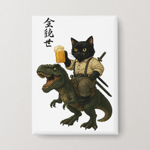 Samurai Cat with Beer & T-Rex   Retro Japanese Art Button