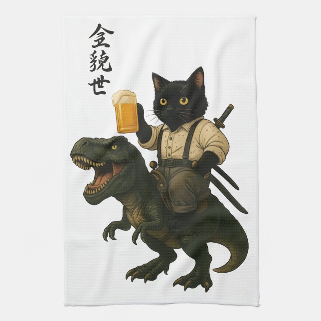 Samurai Cat with Beer & T-Rex | Retro Japanese Art Kitchen Towel (Vertical)