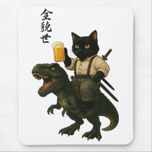Samurai Cat with Beer & T-Rex   Retro Japanese Art Mouse Pad