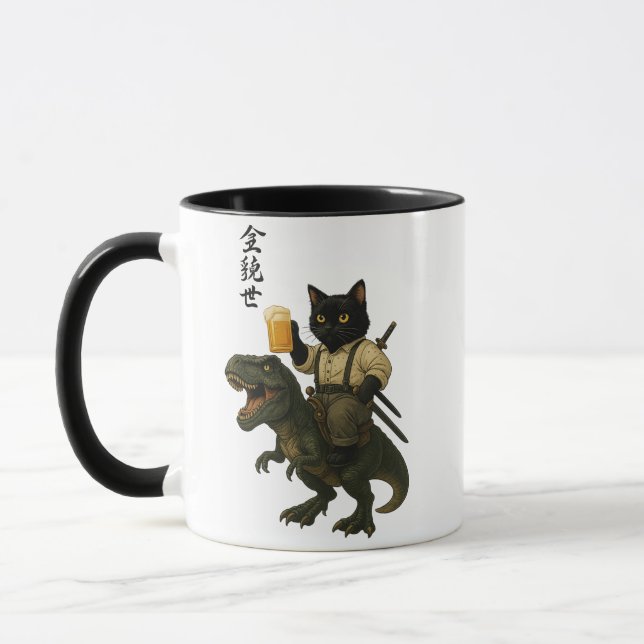 Samurai Cat with Beer & T-Rex | Retro Japanese Art Mug (Left)