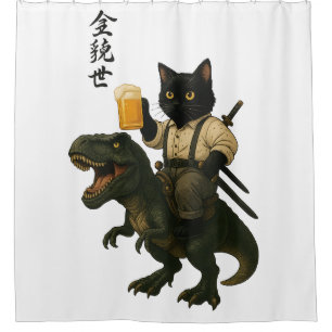 Samurai Cat with Beer & T-Rex Retro Japanese Art Shower Curtain