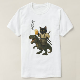 Samurai Cat with Beer & T-Rex Retro Japanese Art T-Shirt