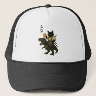 Samurai Cat with Beer & T-Rex Retro Japanese Art Trucker Hat