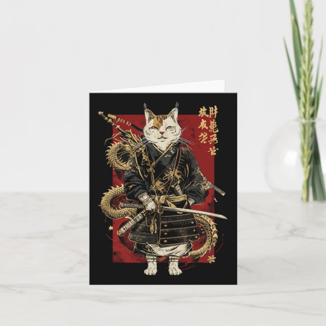 Samurai Cat With Dragon Japanese Kanji  Card (Front)