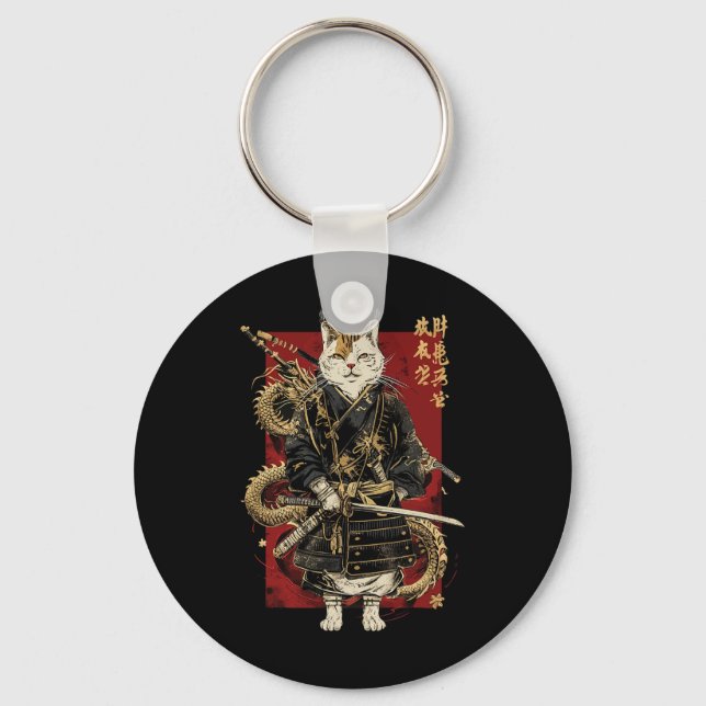 Samurai Cat With Dragon Japanese Kanji  Keychain (Front)
