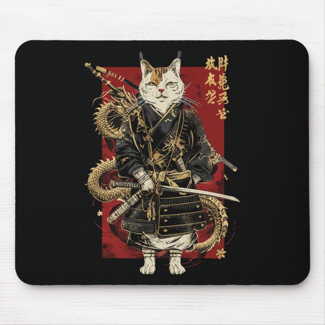 Samurai Cat With Dragon Japanese Kanji  Mouse Pad (Front)