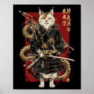 Samurai Cat With Dragon Japanese Kanji Poster