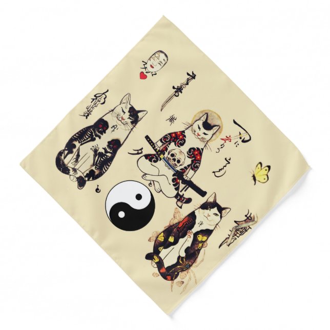 SAMURAI CATS IN SKULL,SKELETON,BUTTERFLY TATTOOS  BANDANA (Front)