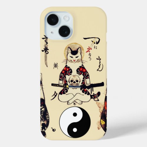 SAMURAI CATS IN SKULLSKELETONBUTTERFLY TATTOOS  iPhone 15 CASE