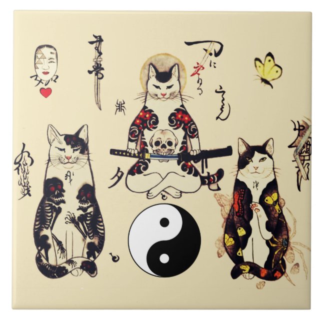 SAMURAI CATS IN SKULL,SKELETON,BUTTERFLY TATTOOS  CERAMIC TILE (Front)