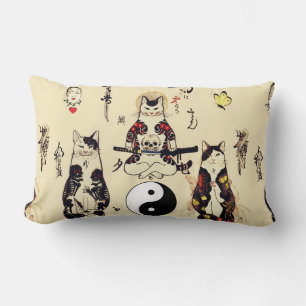 SAMURAI CATS IN SKULL,SKELETON,BUTTERFLY TATTOOS LUMBAR PILLOW