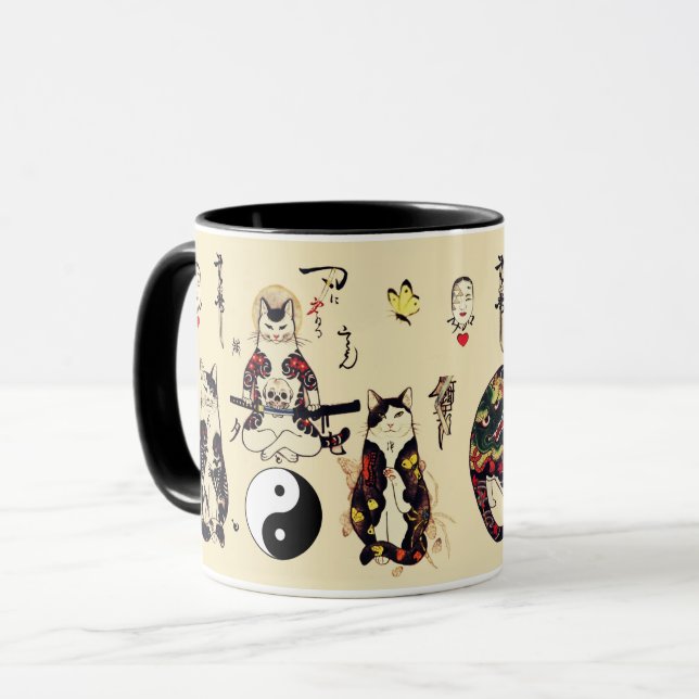 SAMURAI CATS IN SKULL,SKELETON,BUTTERFLY TATTOOS  MUG (Front Left)