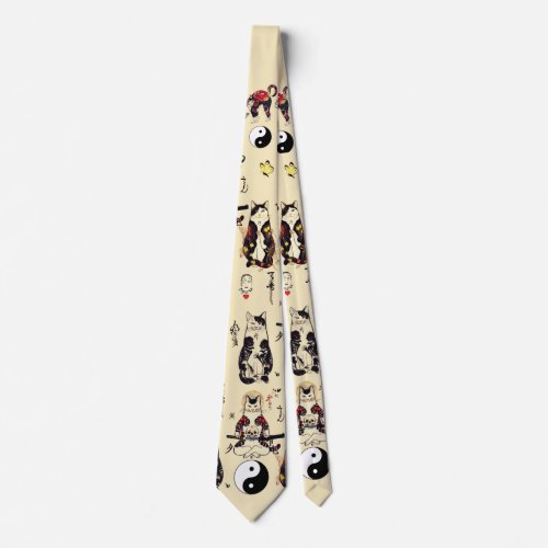 SAMURAI CATS IN SKULLSKELETONBUTTERFLY TATTOOS  NECK TIE