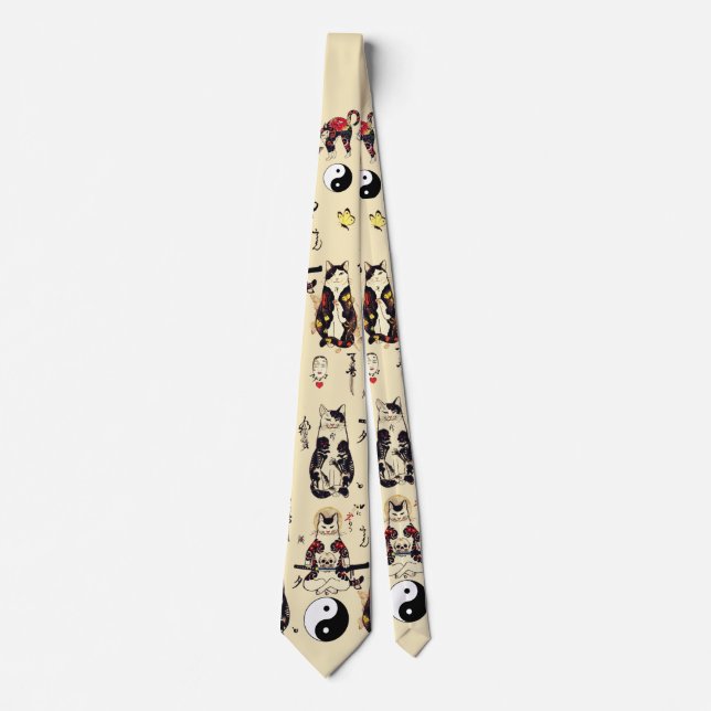 SAMURAI CATS IN SKULL,SKELETON,BUTTERFLY TATTOOS  NECK TIE (Front)