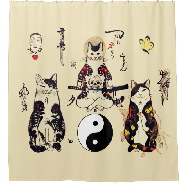 SAMURAI CATS IN SKULL,SKELETON,BUTTERFLY TATTOOS  SHOWER CURTAIN (Front)