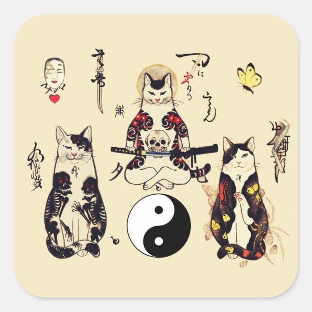 SAMURAI CATS IN SKULL,SKELETON,BUTTERFLY TATTOOS  SQUARE STICKER (Front)
