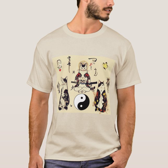 SAMURAI CATS IN SKULL,SKELETON,BUTTERFLY TATTOOS  T-Shirt (Front)