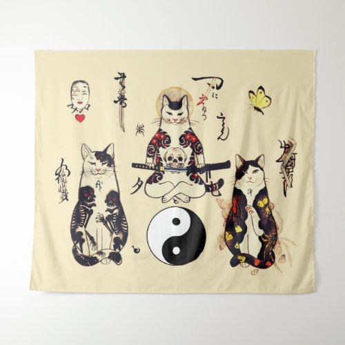 SAMURAI CATS IN SKULLSKELETONBUTTERFLY TATTOOS  TAPESTRY