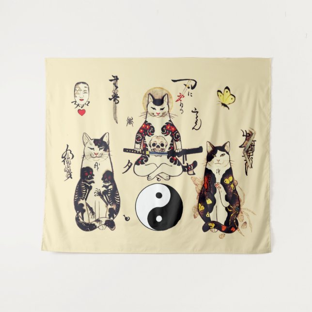 SAMURAI CATS IN SKULL,SKELETON,BUTTERFLY TATTOOS  TAPESTRY (Front (Horizontal))