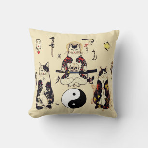 SAMURAI CATS IN SKULL,SKELETON,BUTTERFLY TATTOOS THROW PILLOW