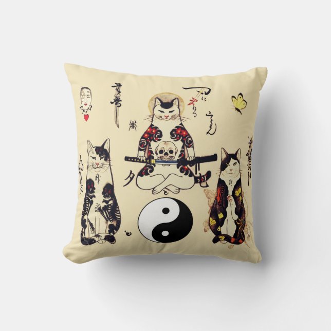 SAMURAI CATS IN SKULL,SKELETON,BUTTERFLY TATTOOS  THROW PILLOW (Front)