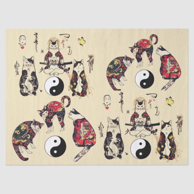 SAMURAI CATS IN SKULL,SKELETON,BUTTERFLY TATTOOS  TISSUE PAPER (Front)