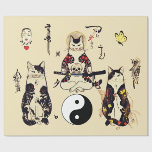 SAMURAI CATS IN SKULL,SKELETON,BUTTERFLY TATTOOS WRAPPING PAPER