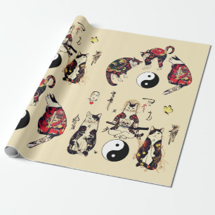 SAMURAI CATS IN SKULL,SKELETON,BUTTERFLY TATTOOS WRAPPING PAPER