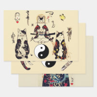 SAMURAI CATS IN SKULL,SKELETON,BUTTERFLY TATTOOS WRAPPING PAPER SHEETS