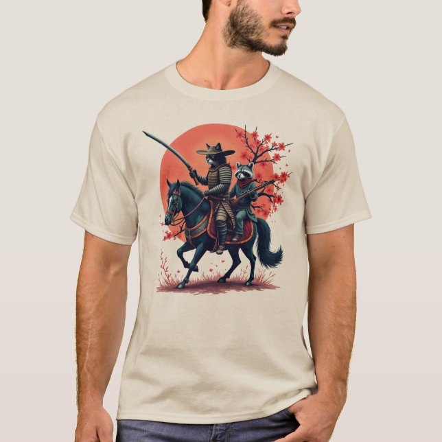 Samurai Cowboy Cat and Raccoon Riding a Horse unde T-Shirt (Front)