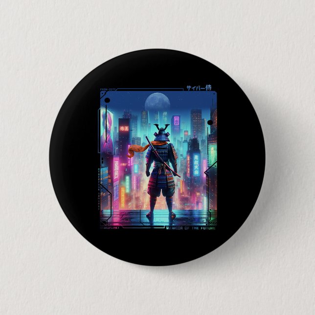 Samurai Electric Pole In Japanese Retro Cyberpunk  Button (Front)