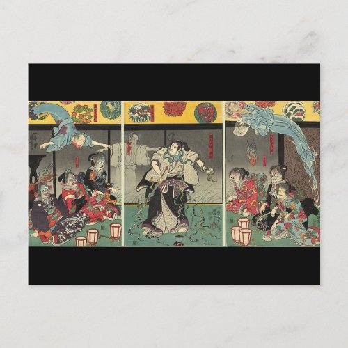 Samurai fighting ghosts and snakes c 1850 postcard