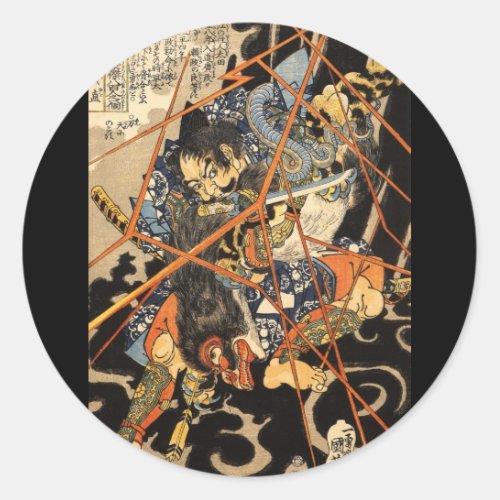 Samurai fighting large monster circa 1800s classic round sticker