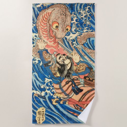 Samurai fighting salamander beach towel