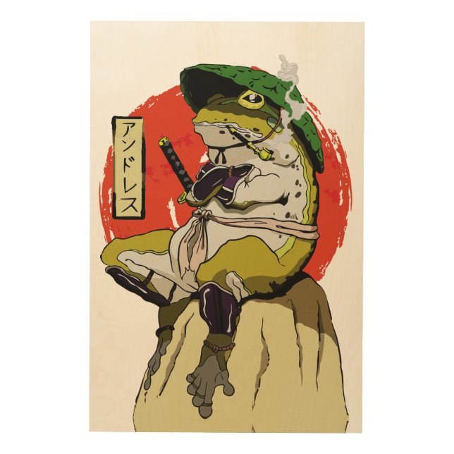 Samurai Frog with Red Sun Aesthetic Wood Wall Art (Front)