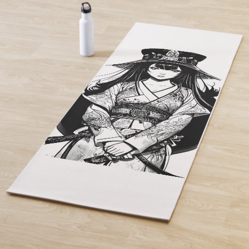 samurai girl anime ink draw art yoga mat