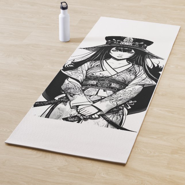 samurai girl anime ink draw art yoga mat (In Situ)