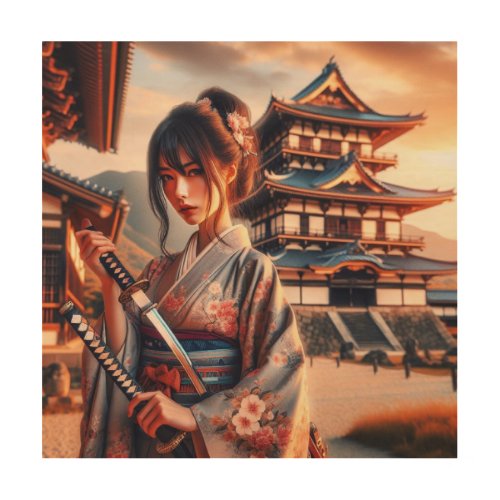 Samurai Girl with katana Wood Wall Art