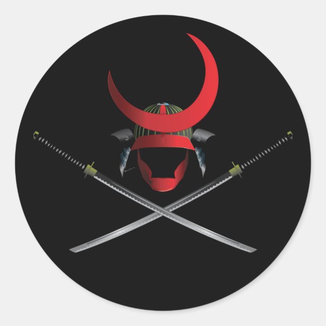 Samurai Helmet and Swords Classic Round Sticker (Front)