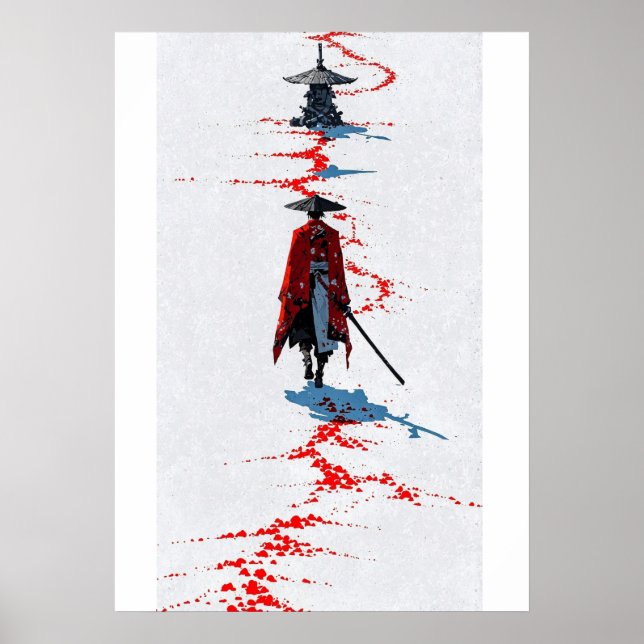 Samurai in Red Robe on White Poster (Front)
