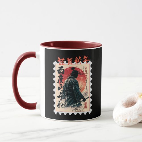 Samurai in Vintage Japanese Style with Red Sun and Mug