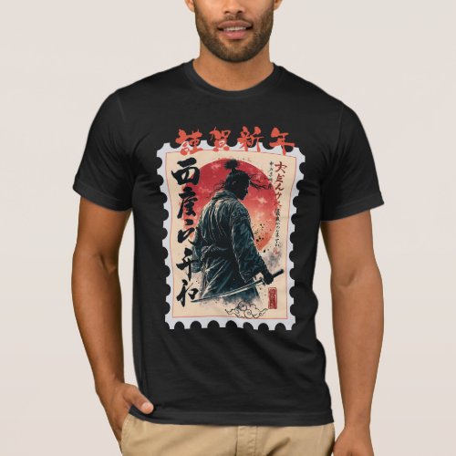 Samurai in Vintage Japanese Style with Red Sun and T_Shirt