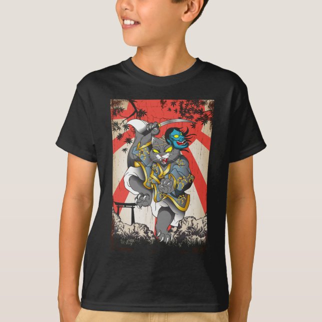 Samurai Japanese Cat Swordsman Ninja Kitten T-Shirt (Front)