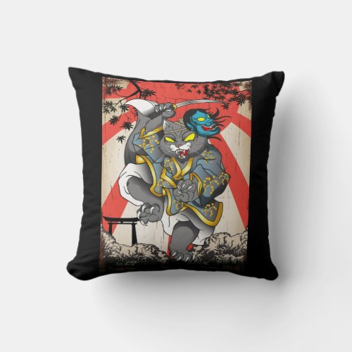 Samurai Japanese Cat Swordsman Ninja Kitten Throw Pillow