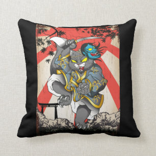 Samurai Japanese Cat Swordsman Ninja Kitten Throw Pillow