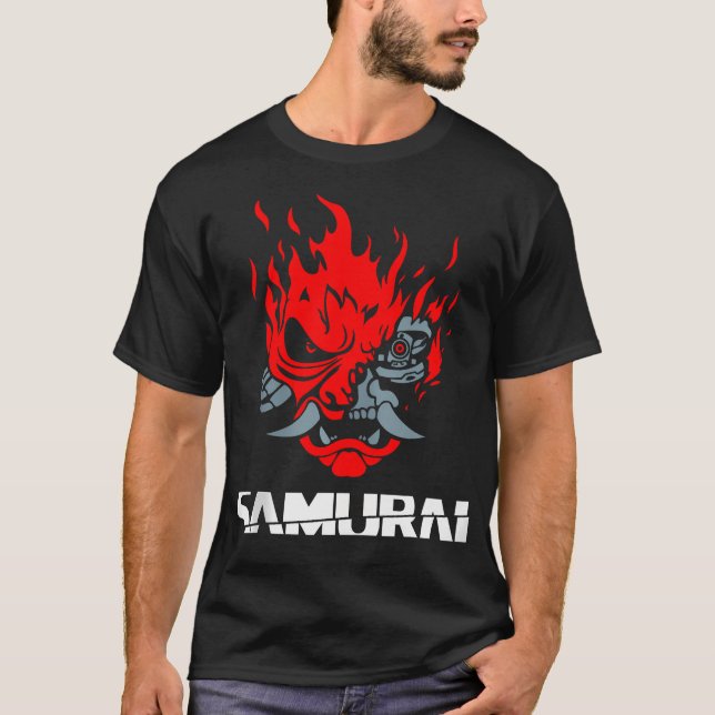 Samurai Japanese Demon Mask Edge Cyber Runners Pun T-Shirt (Front)
