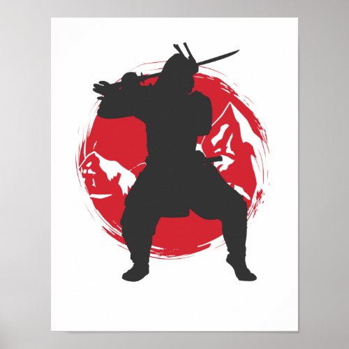Samurai Kmpfer vor japanischer Flagge Poster